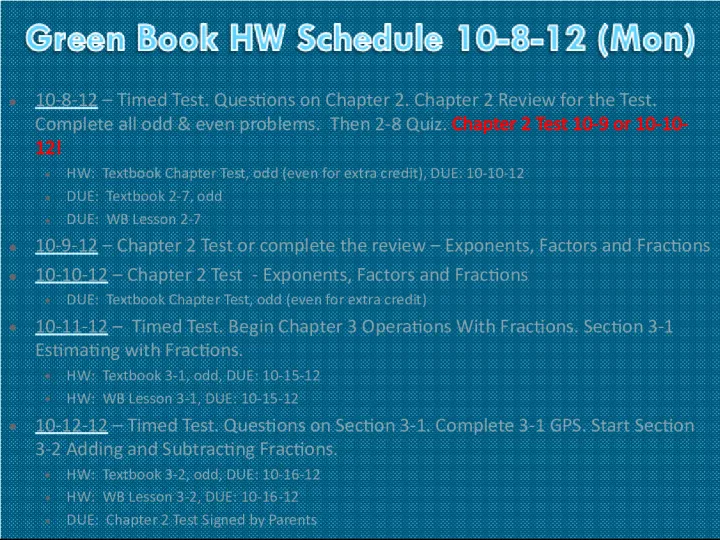 Chapter 2 Review and Test Schedule for Mathematics Class