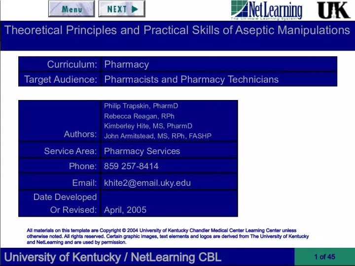University of Kentucky NetLearning CBL