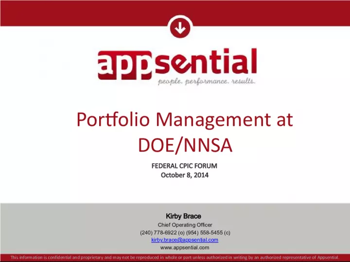 Portfolio Management for DOE NNSA by Kirby Brace